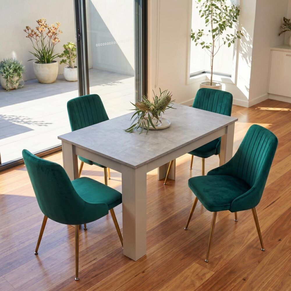 5-Piece Elvio Green Dining Table & Chair Set Rectangular Velvet