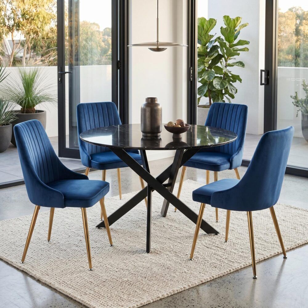 5-Piece Lello Blue Dining Table & Chair Set Marble Velvet
