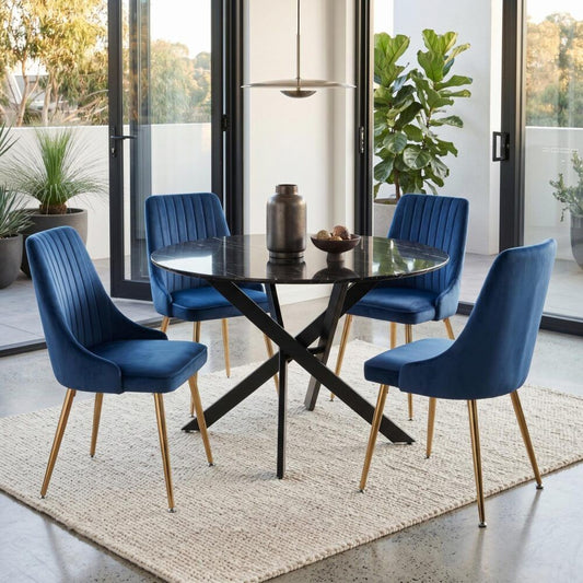 5-Piece Lello Blue Dining Table & Chair Set Marble Velvet