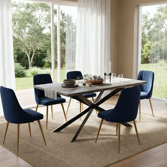 6-Piece Dario Navy Dining Table & Chair Set Rectangular Velvet Banquet