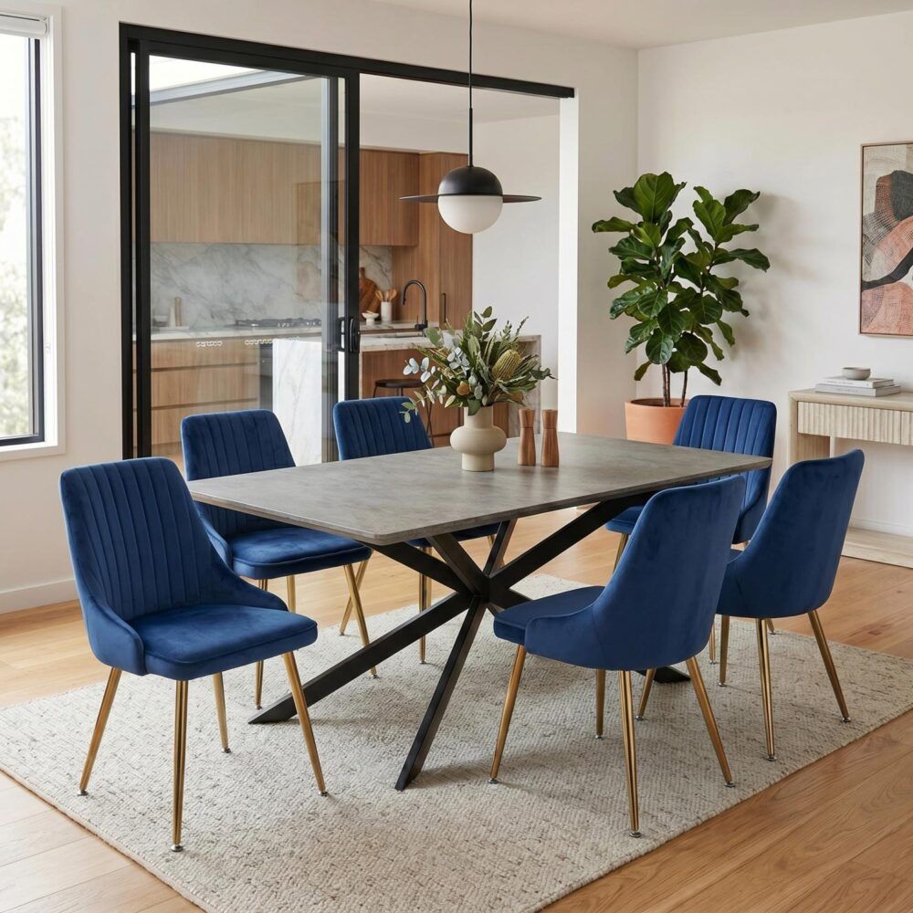 6-Piece Dario Navy Dining Table & Chair Set Rectangular Velvet Banquet