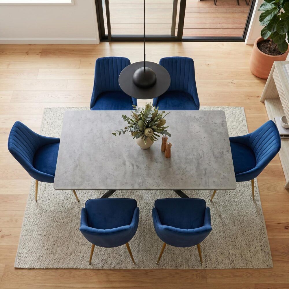 6-Piece Dario Navy Dining Table & Chair Set Rectangular Velvet Banquet