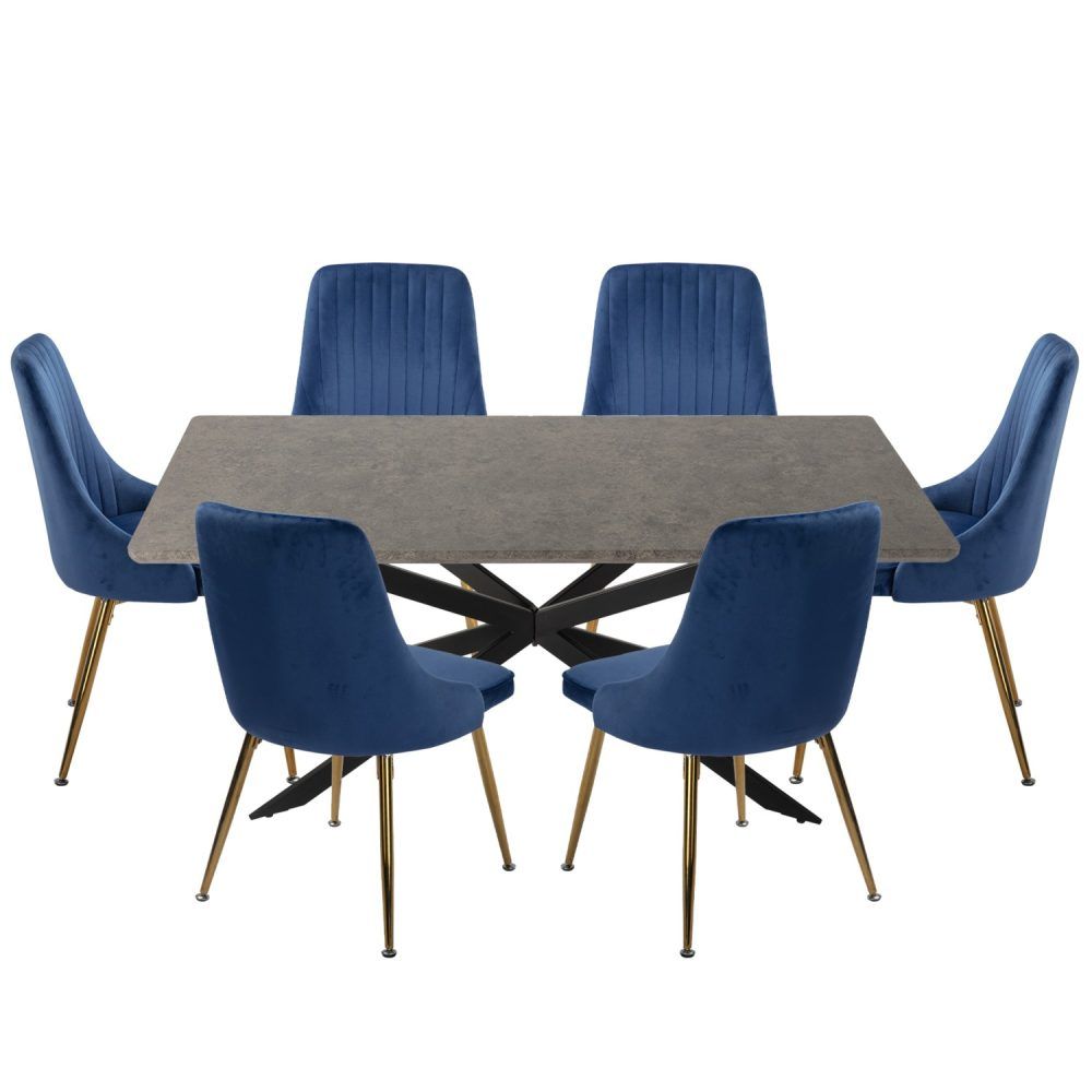 6-Piece Dario Navy Dining Table & Chair Set Rectangular Velvet Banquet