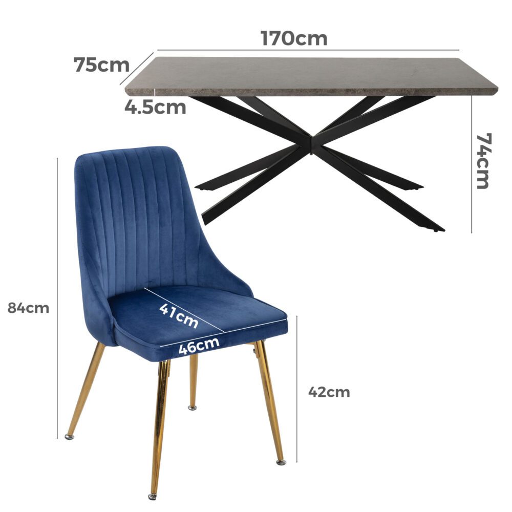 6-Piece Dario Navy Dining Table & Chair Set Rectangular Velvet Banquet