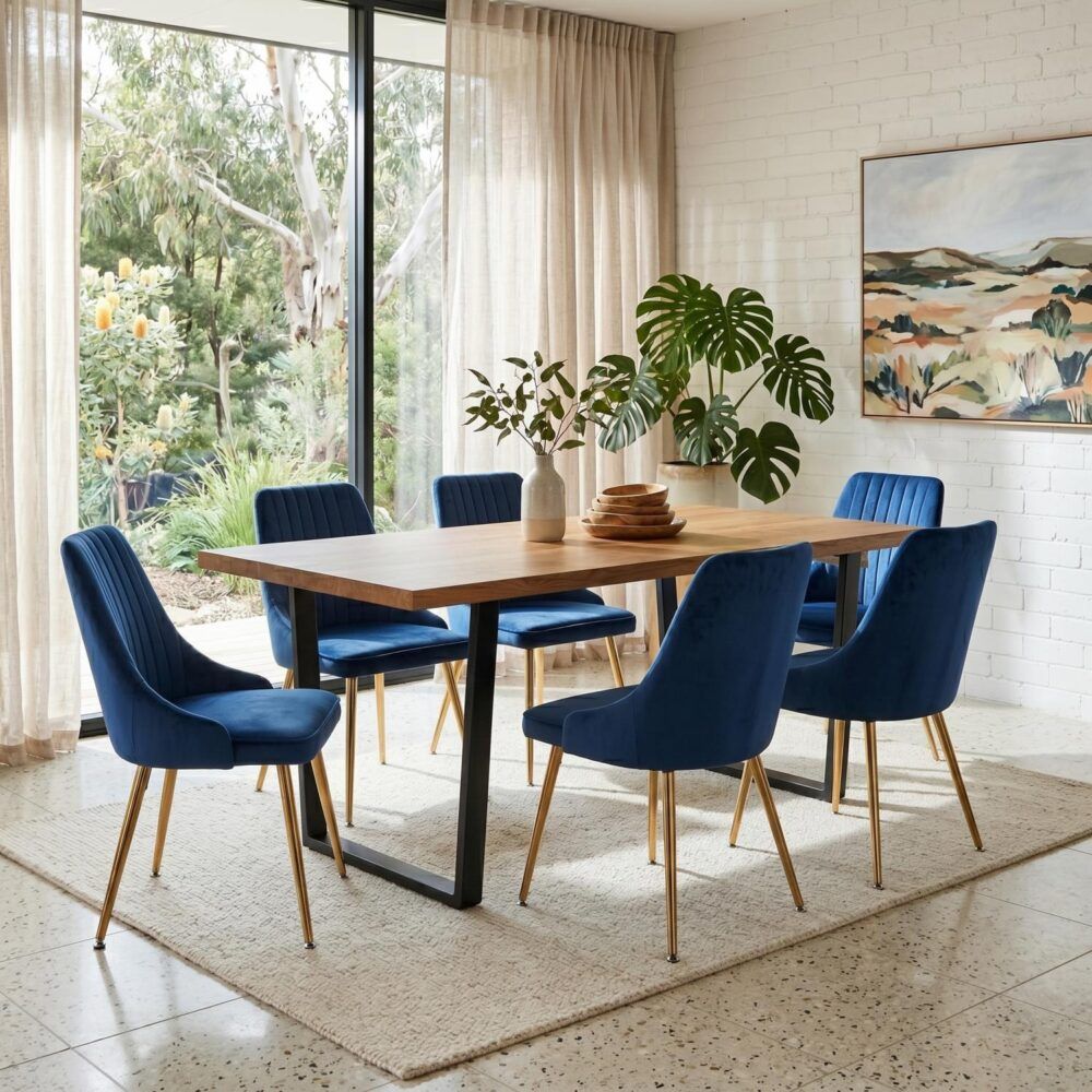 6-Piece Zelma Blue Dining Table & Chair Set Velvet