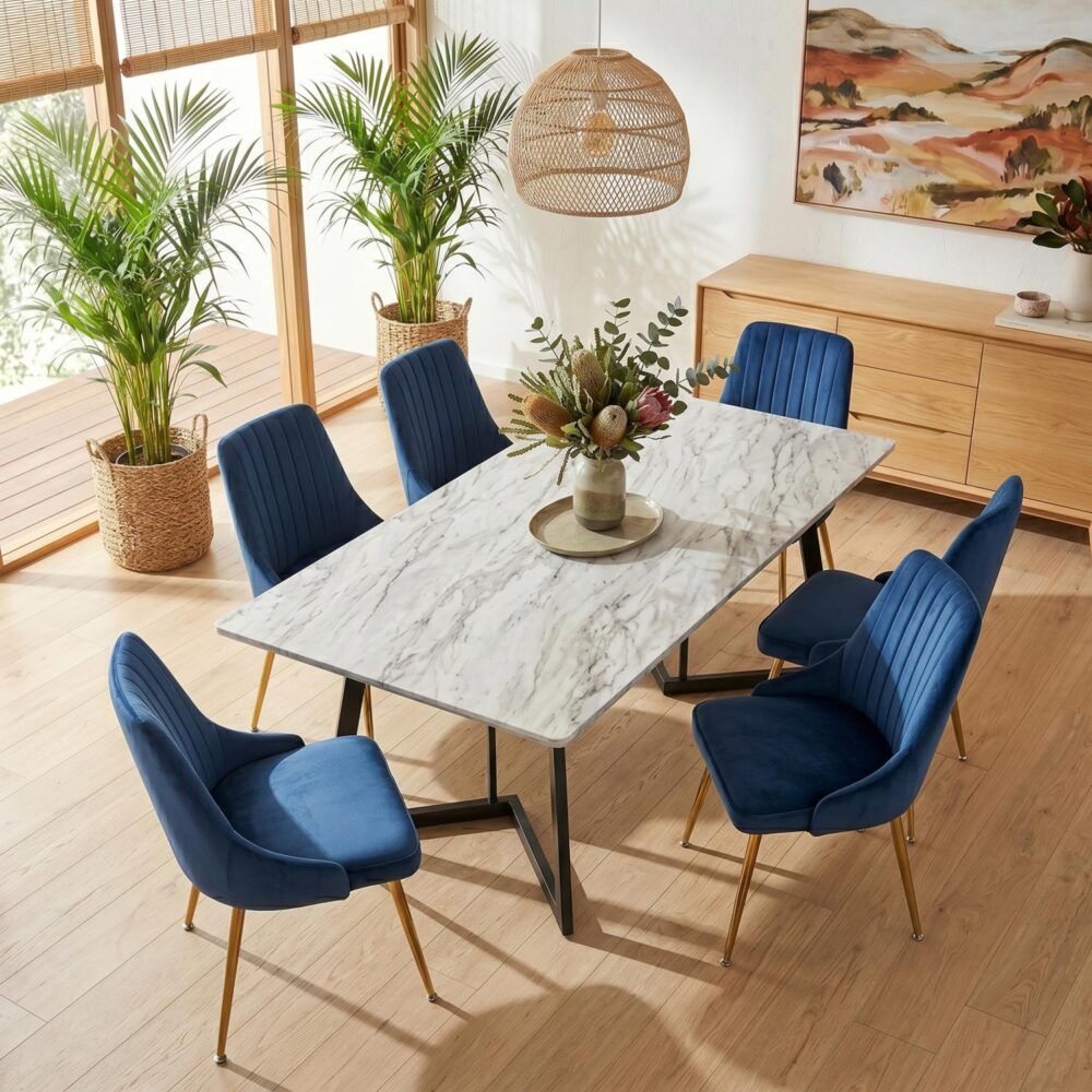 6-Piece Zelma Blue Dining Table & Chair Set Marble Bliss Velvet