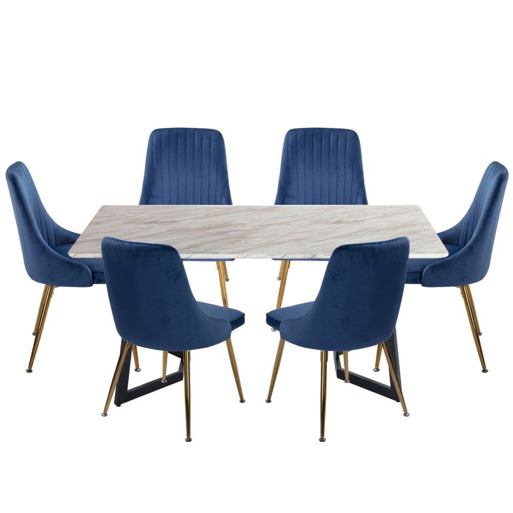 6-Piece Zelma Blue Dining Table & Chair Set Marble Bliss Velvet