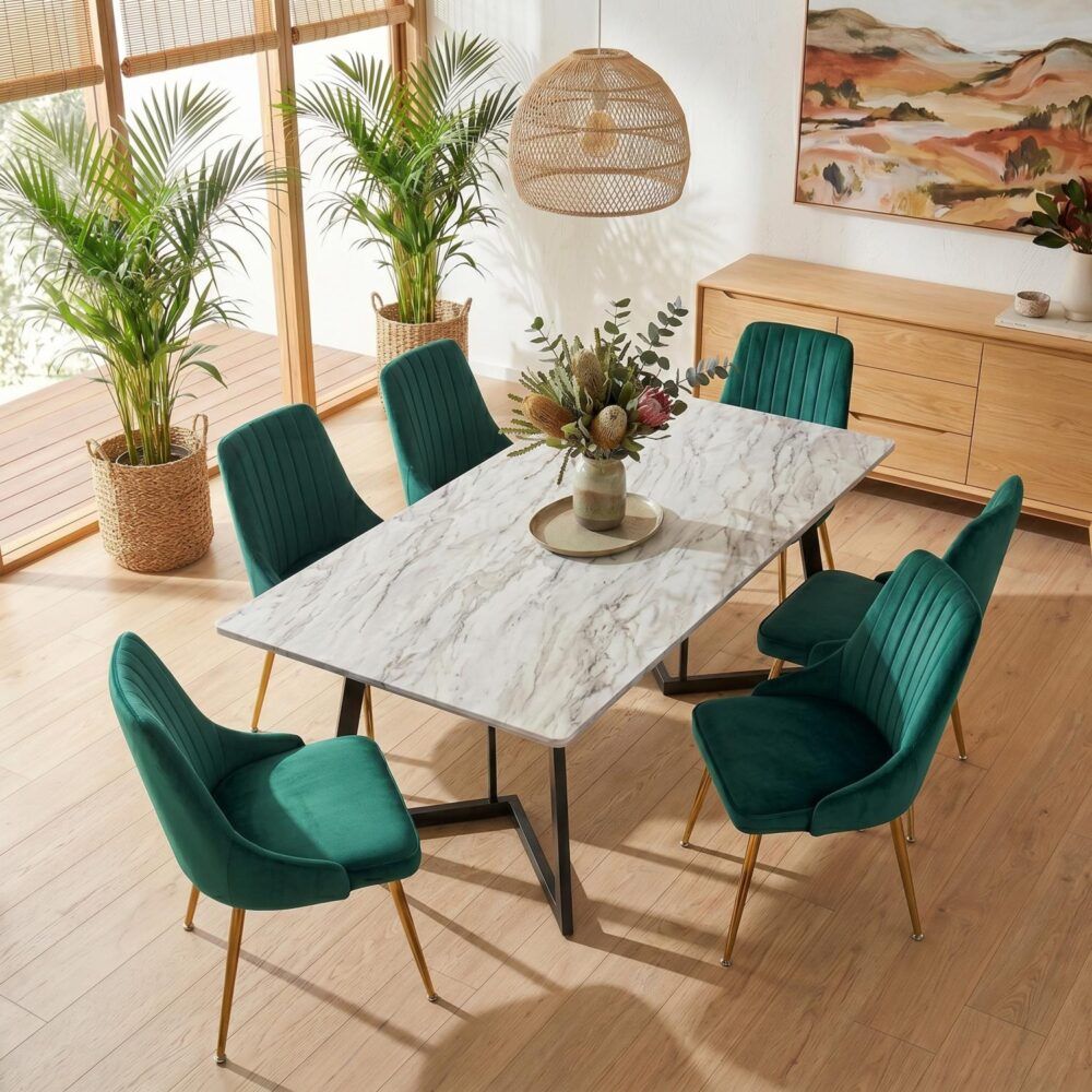 6-Piece Zelma Green Dining Table & Chair Set Marble Bliss Velvet