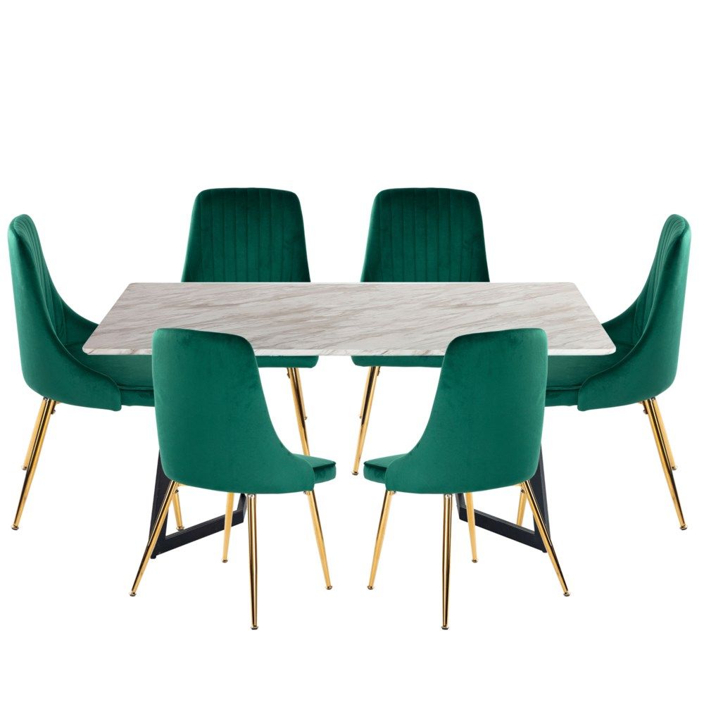6-Piece Zelma Green Dining Table & Chair Set Marble Bliss Velvet