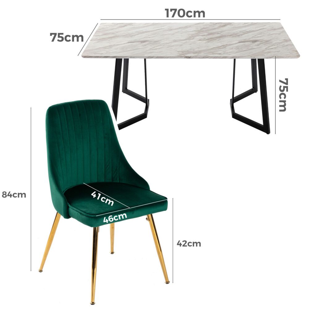 6-Piece Zelma Green Dining Table & Chair Set Marble Bliss Velvet