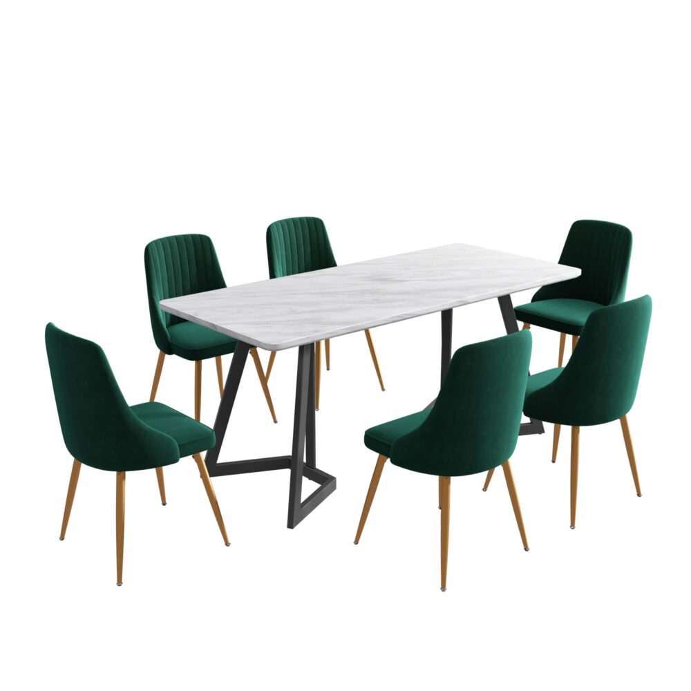 6-Piece Zelma Green Dining Table & Chair Set Marble Bliss Velvet