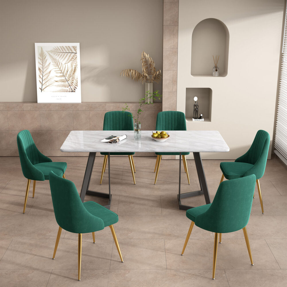 6-Piece Zelma Green Dining Table & Chair Set Marble Bliss Velvet