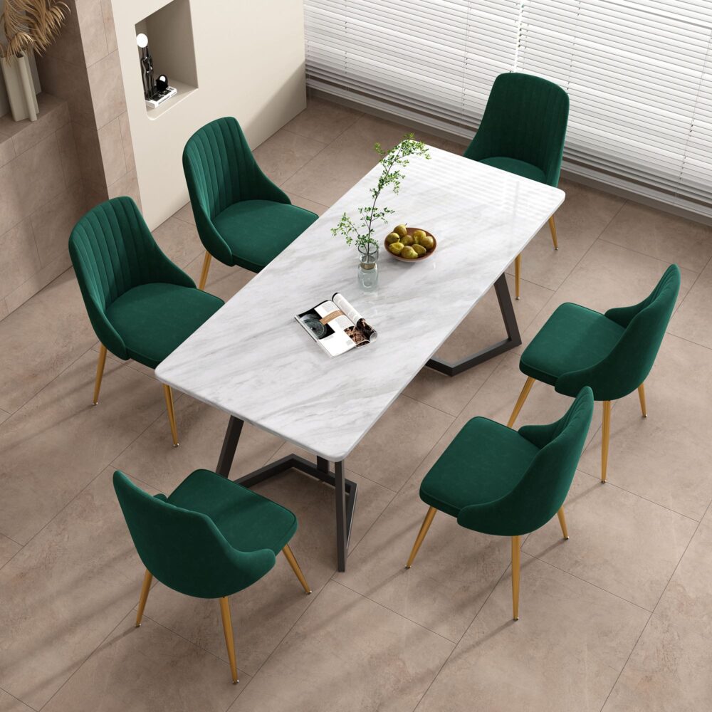 6-Piece Zelma Green Dining Table & Chair Set Marble Bliss Velvet