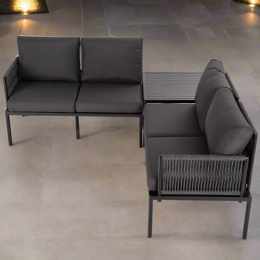 Cosmo 4-Seater with Coffee Table Stylish Textile and Rope Design 3-Piece Outdoor Lounge Set - Black