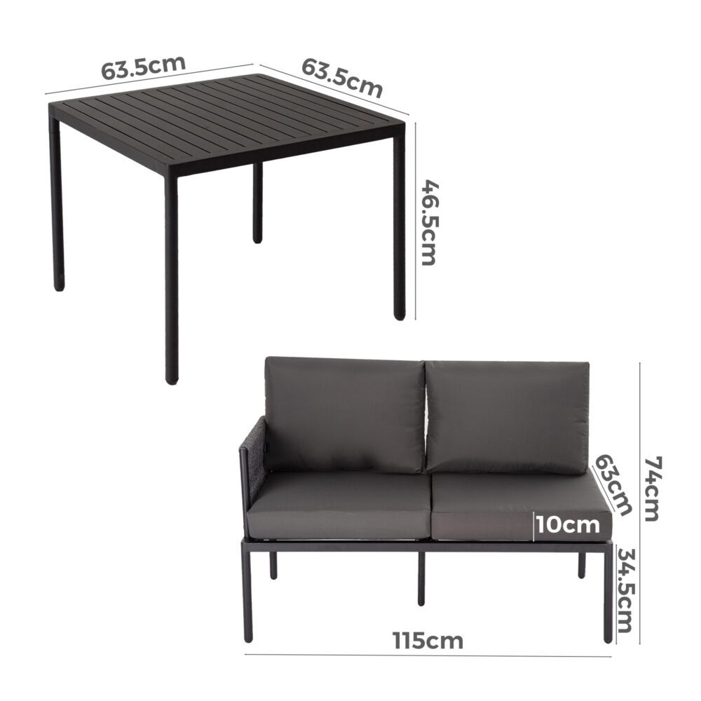 Cosmo 4-Seater with Coffee Table Stylish Textile and Rope Design 3-Piece Outdoor Lounge Set - Black