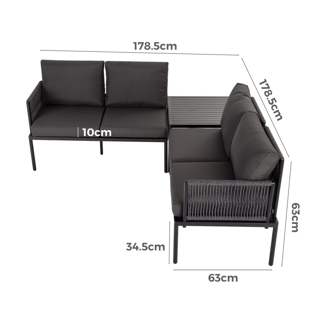Cosmo 4-Seater with Coffee Table Stylish Textile and Rope Design 3-Piece Outdoor Lounge Set - Black