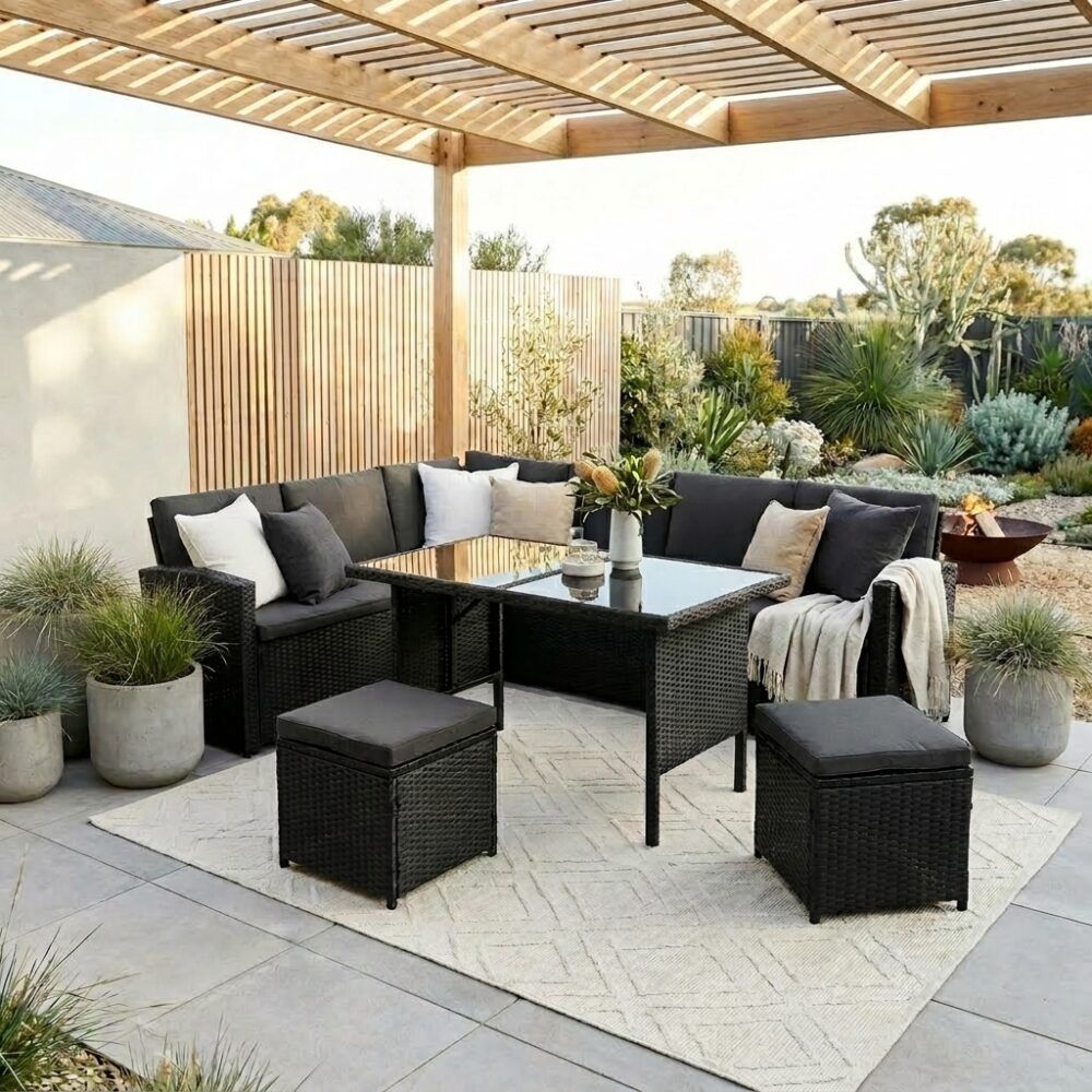 Jules 8-Seater Modular Garden Lounge with Table and Stools 6-Piece Dining Set - Black