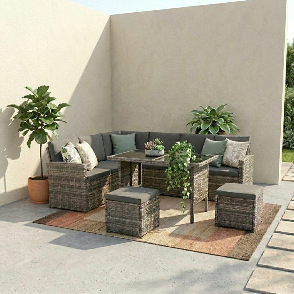 Jules 8-Seater Modular Garden Lounge with Table and Stools 6-Piece Dining Set - Grey