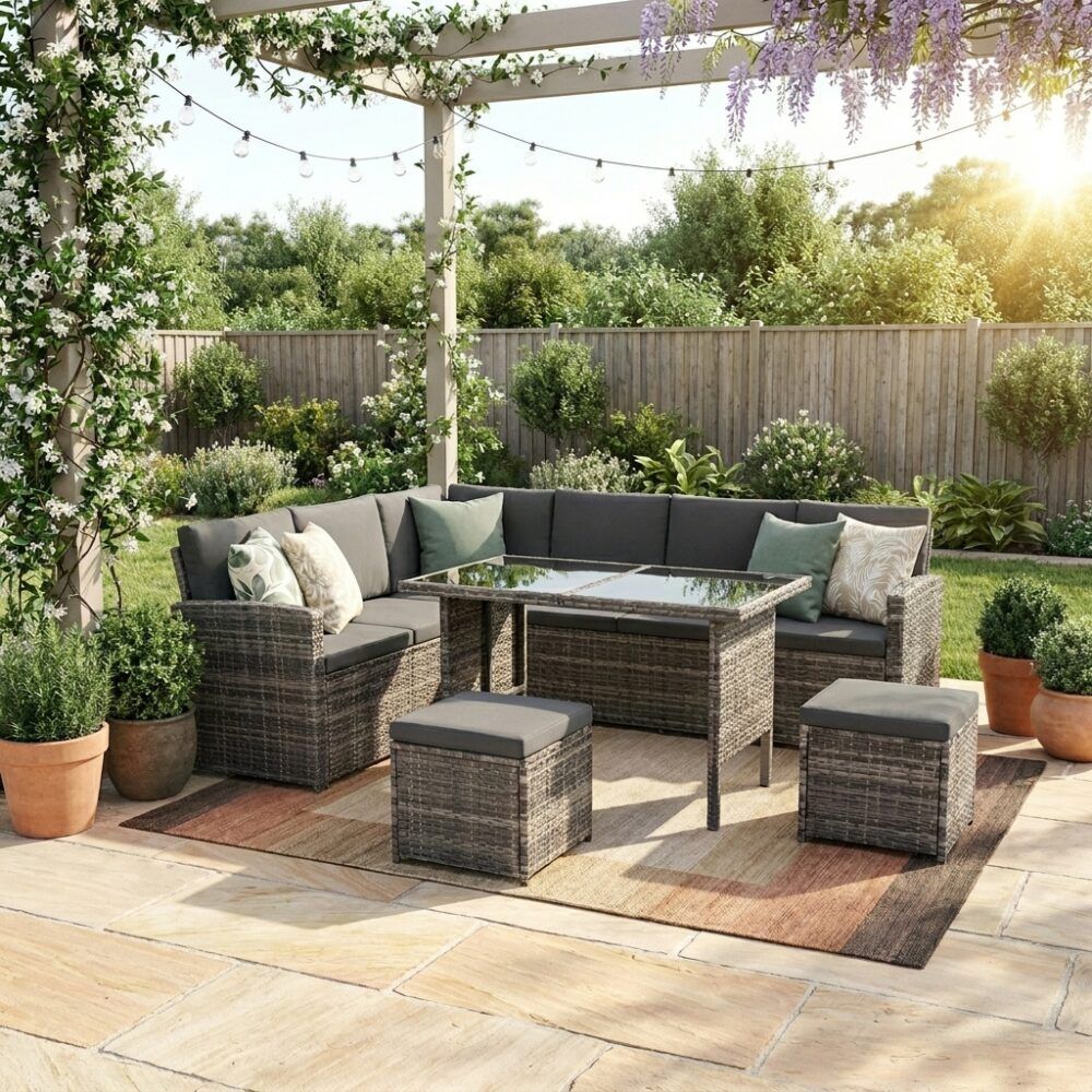 Jules 8-Seater Modular Garden Lounge with Table and Stools 6-Piece Dining Set - Grey