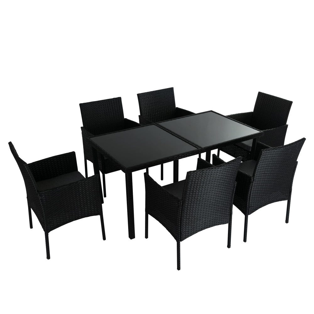 Larkin 6-Seater Minimalist Wicker 7-Piece Dining Set - Black