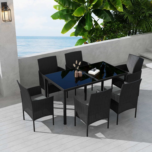 Larkin 6-Seater Minimalist Wicker 7-Piece Dining Set - Black