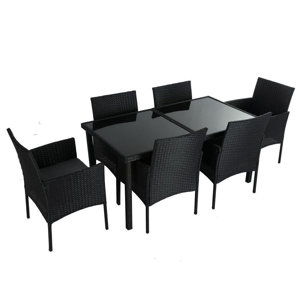 Larkin 6-Seater Minimalist Wicker 7-Piece Dining Set - Black
