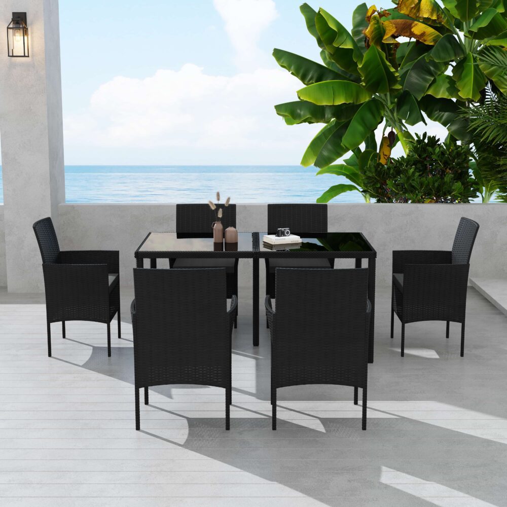 Larkin 6-Seater Minimalist Wicker 7-Piece Dining Set - Black