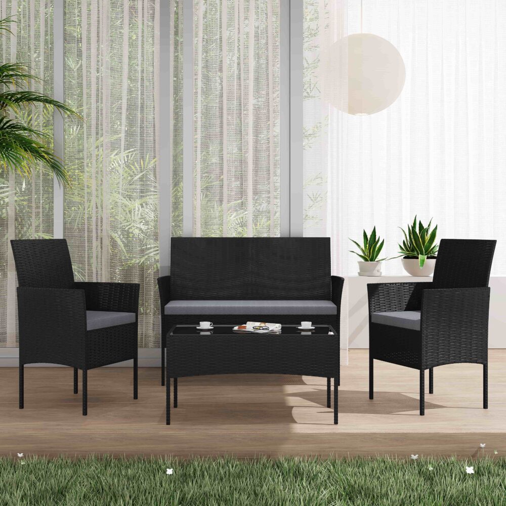 Lowry 4-Seater Wicker 4-Piece Outdoor Lounge Set - Black