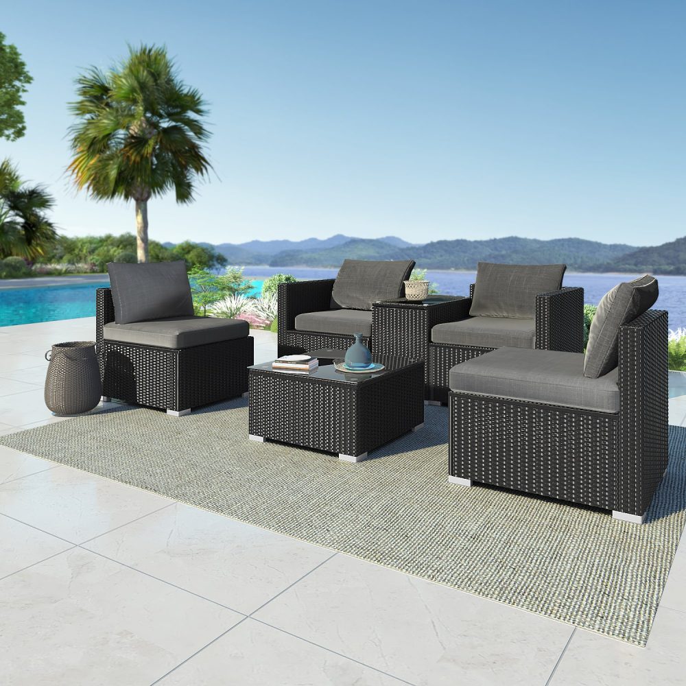 Quincy 4-Seater Modular Wicker Outdoor Lounge Set - Black