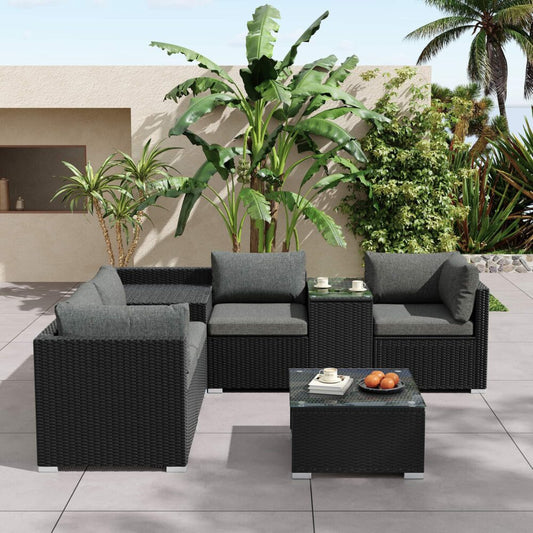 Quincy 6-Seater Wicker Loveseat 7-Piece Outdoor Wicker with Storage Cover - Black
