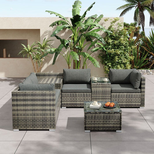 Quincy 6-Seater Wicker Lounge 7-Piece Outdoor Wicker with Storage Cover - Grey