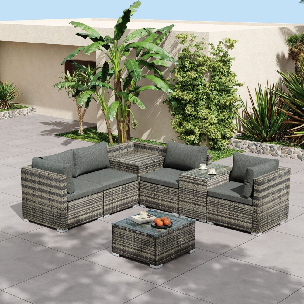 Quincy 6-Seater Wicker Lounge 7-Piece Outdoor Wicker with Storage Cover - Grey