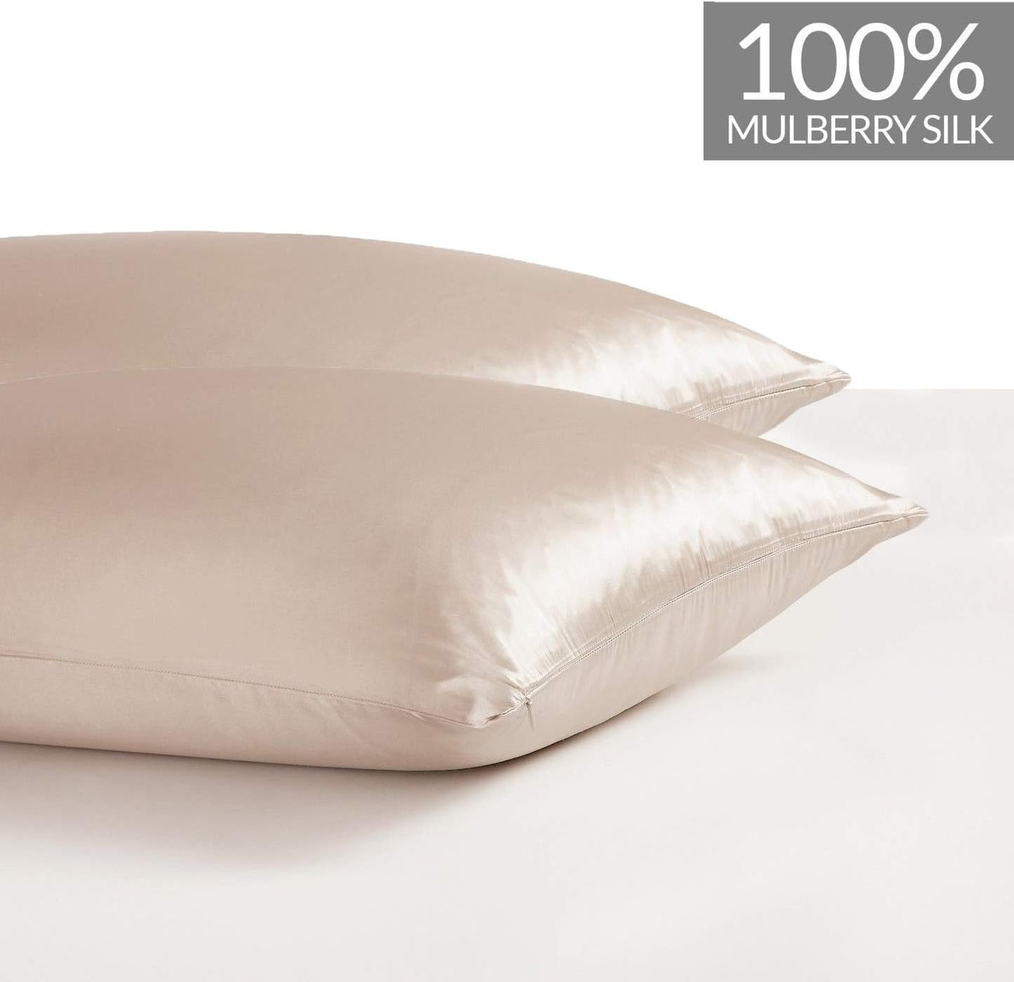 Twin Pack Luxury Pillowcase 100% Pure Mulberry Silk on Both Sides - Champagne
