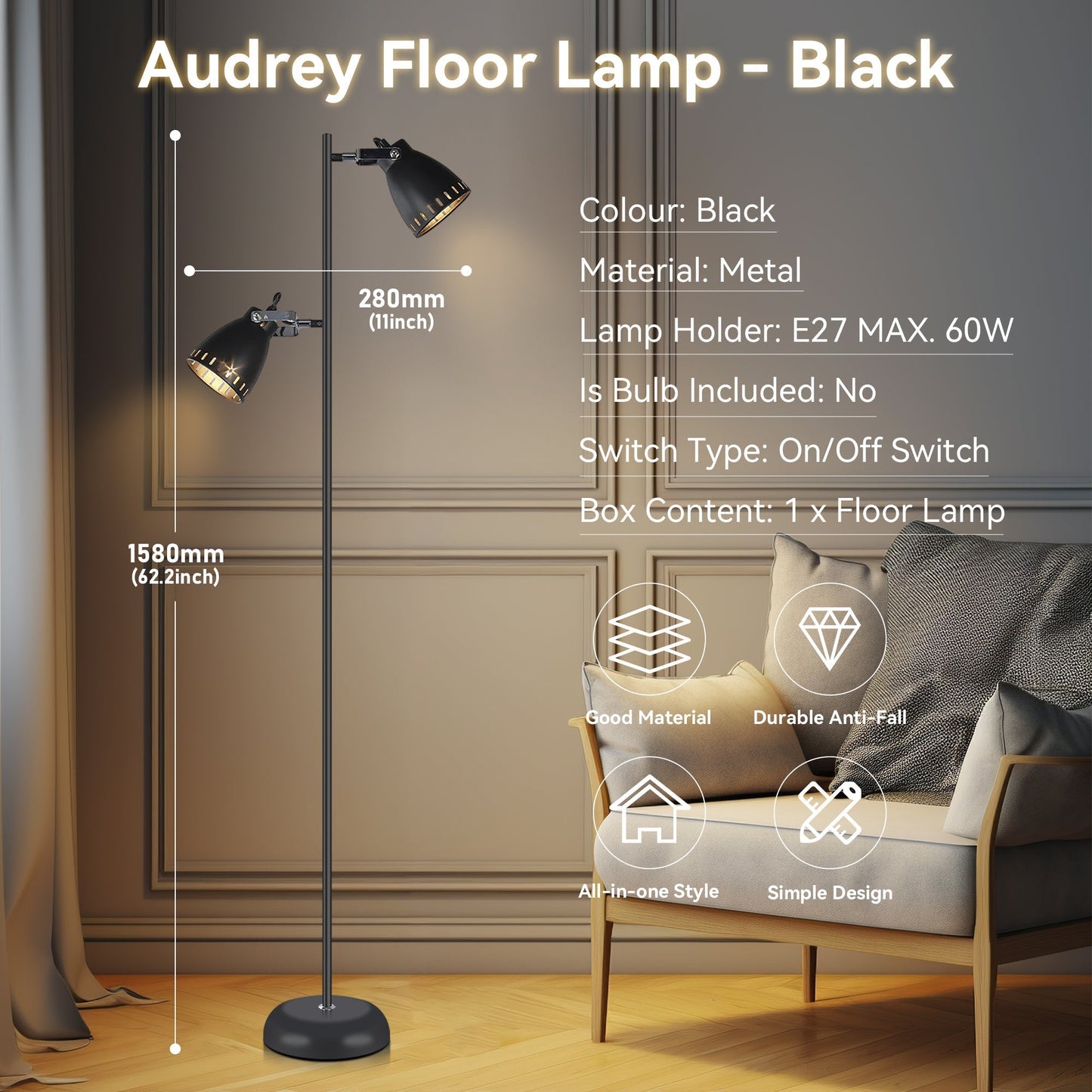 158cm Dual Light Metal Floor Lamp - Black