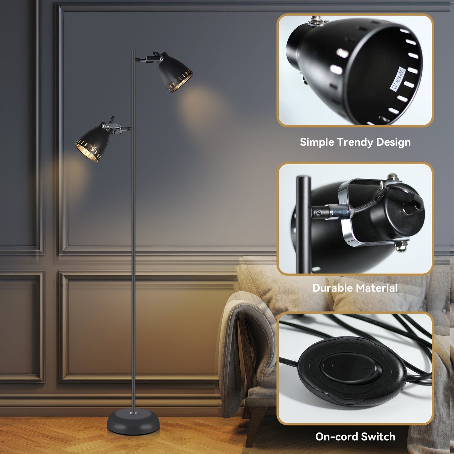 158cm Dual Light Metal Floor Lamp - Black
