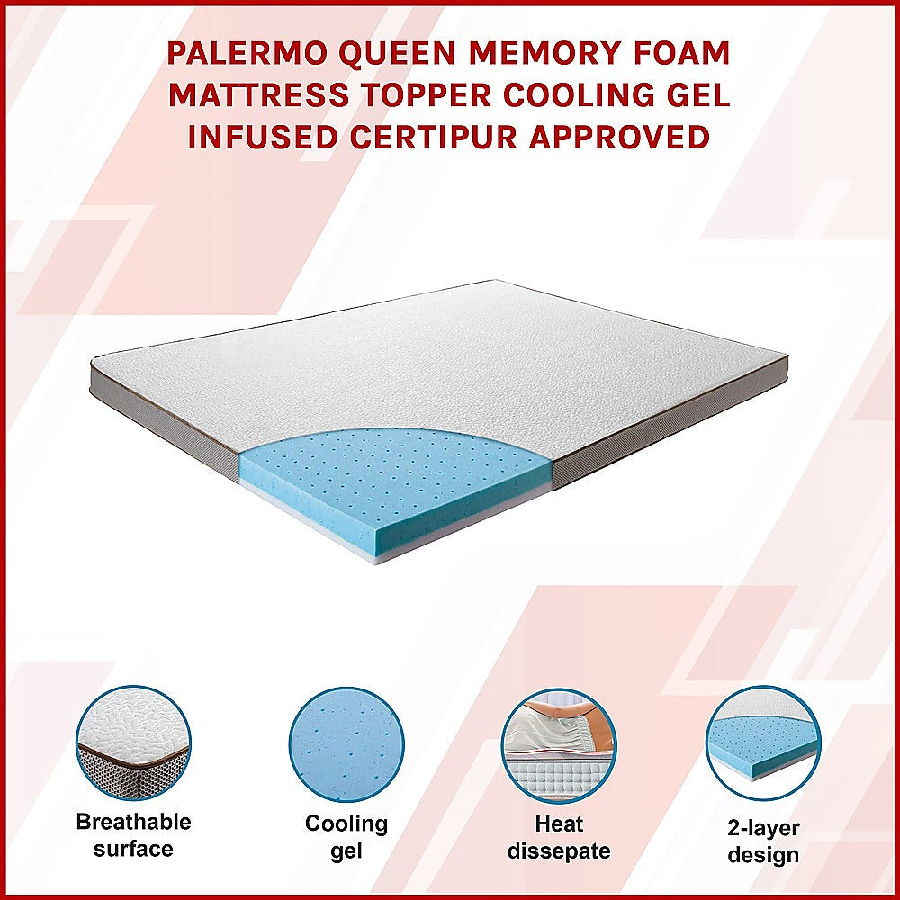 Queen Palermo Memory Foam Mattress Topper Cooling Gel Infused CertiPUR Approved