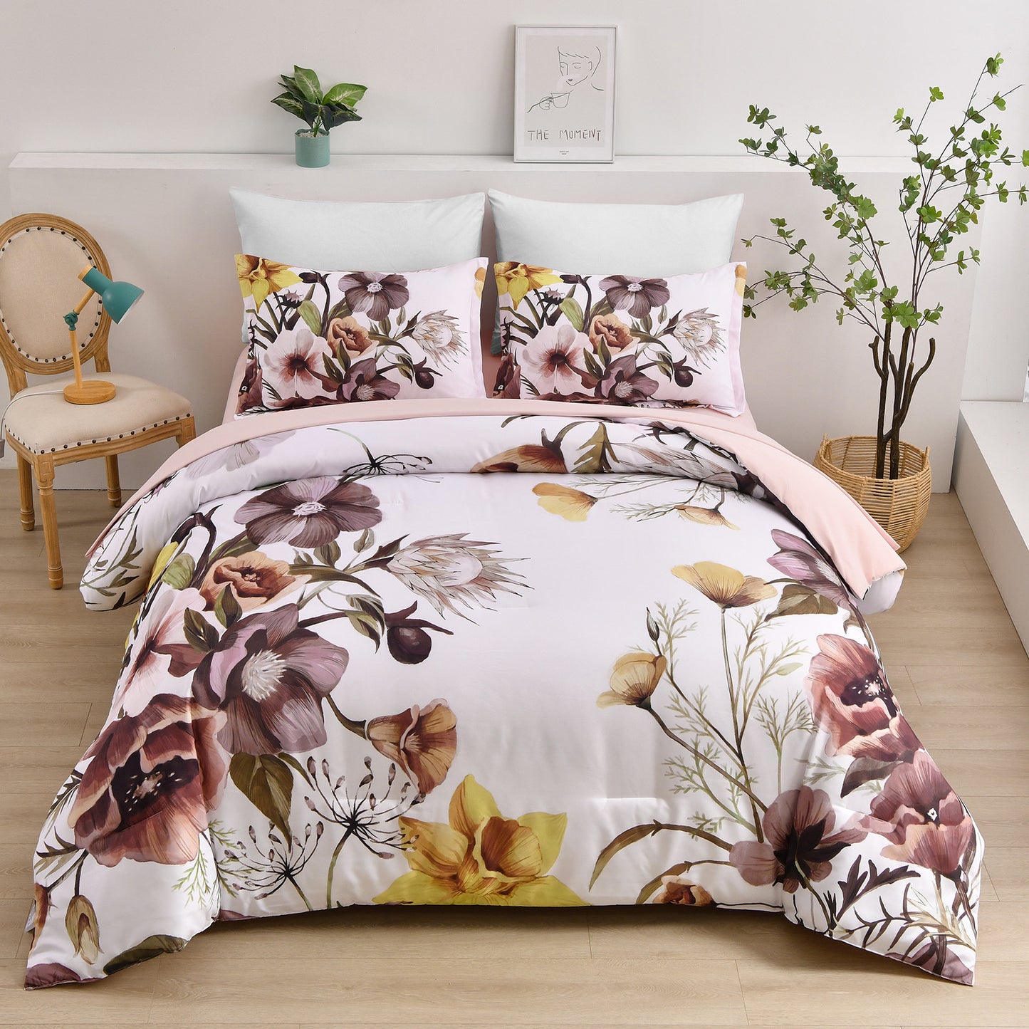 King Floral Comforter Set Blush Floral 3-Piece Bedding Soft Microfiber For All Seasons