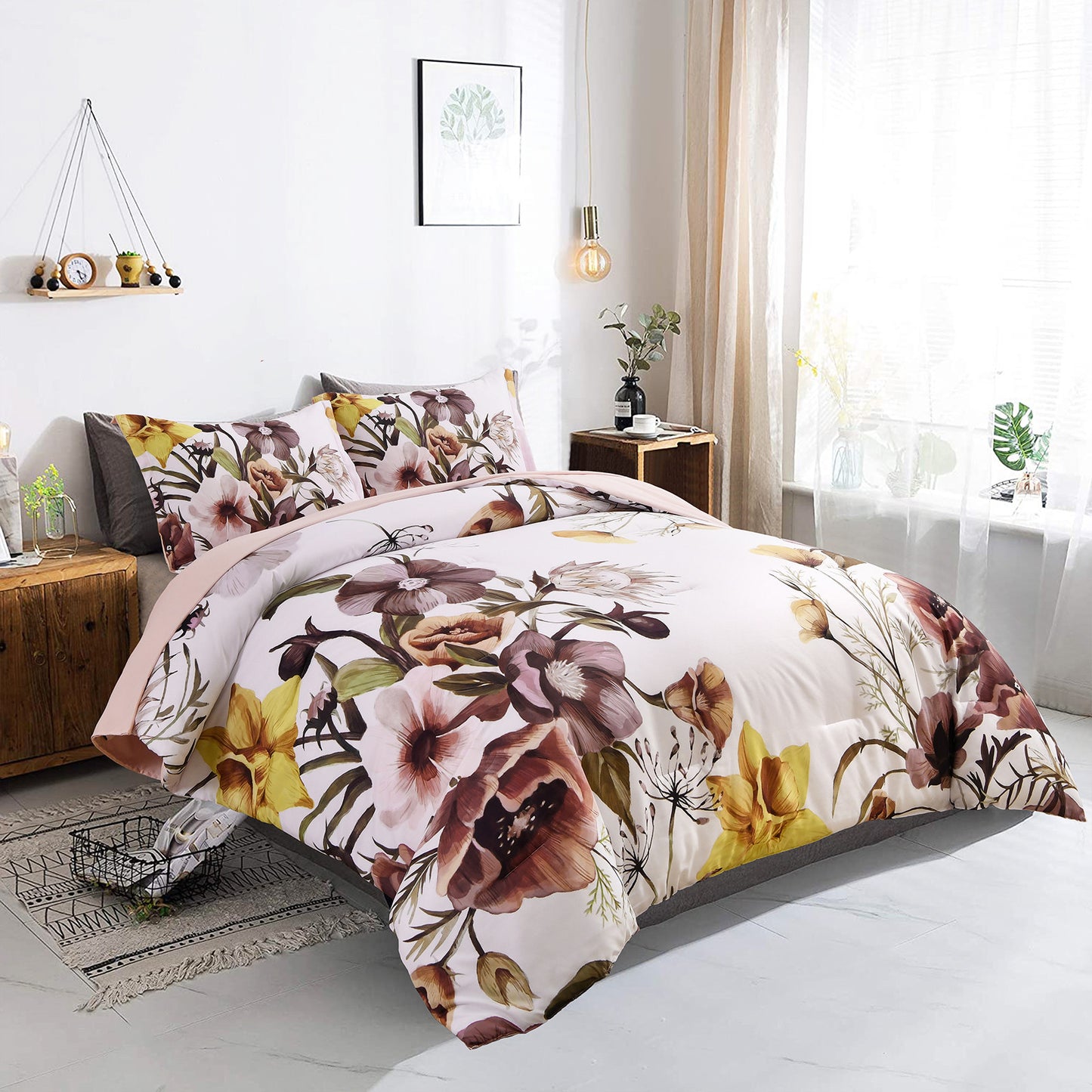 King Floral Comforter Set Blush Floral 3-Piece Bedding Soft Microfiber For All Seasons