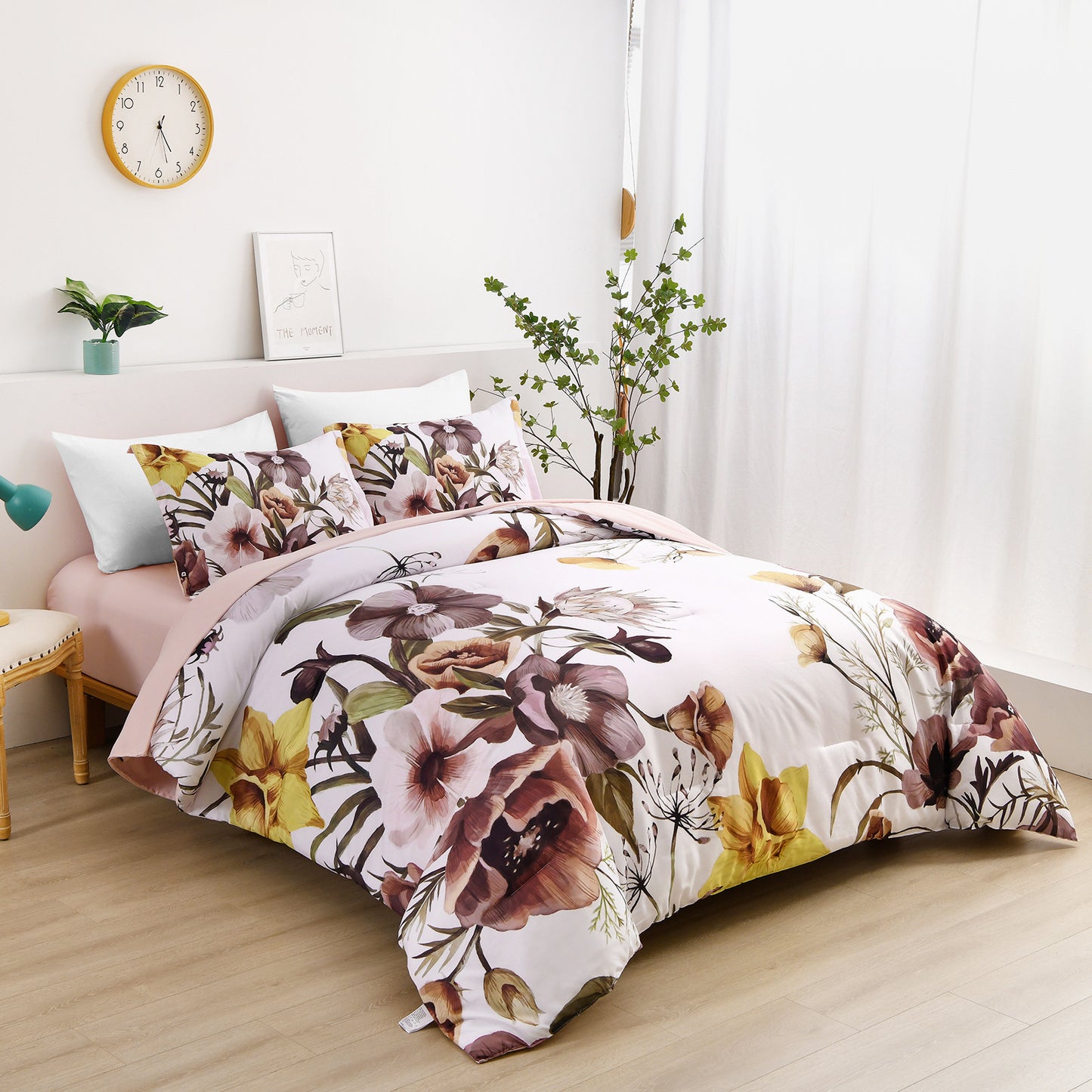 King Floral Comforter Set Blush Floral 3-Piece Bedding Soft Microfiber For All Seasons