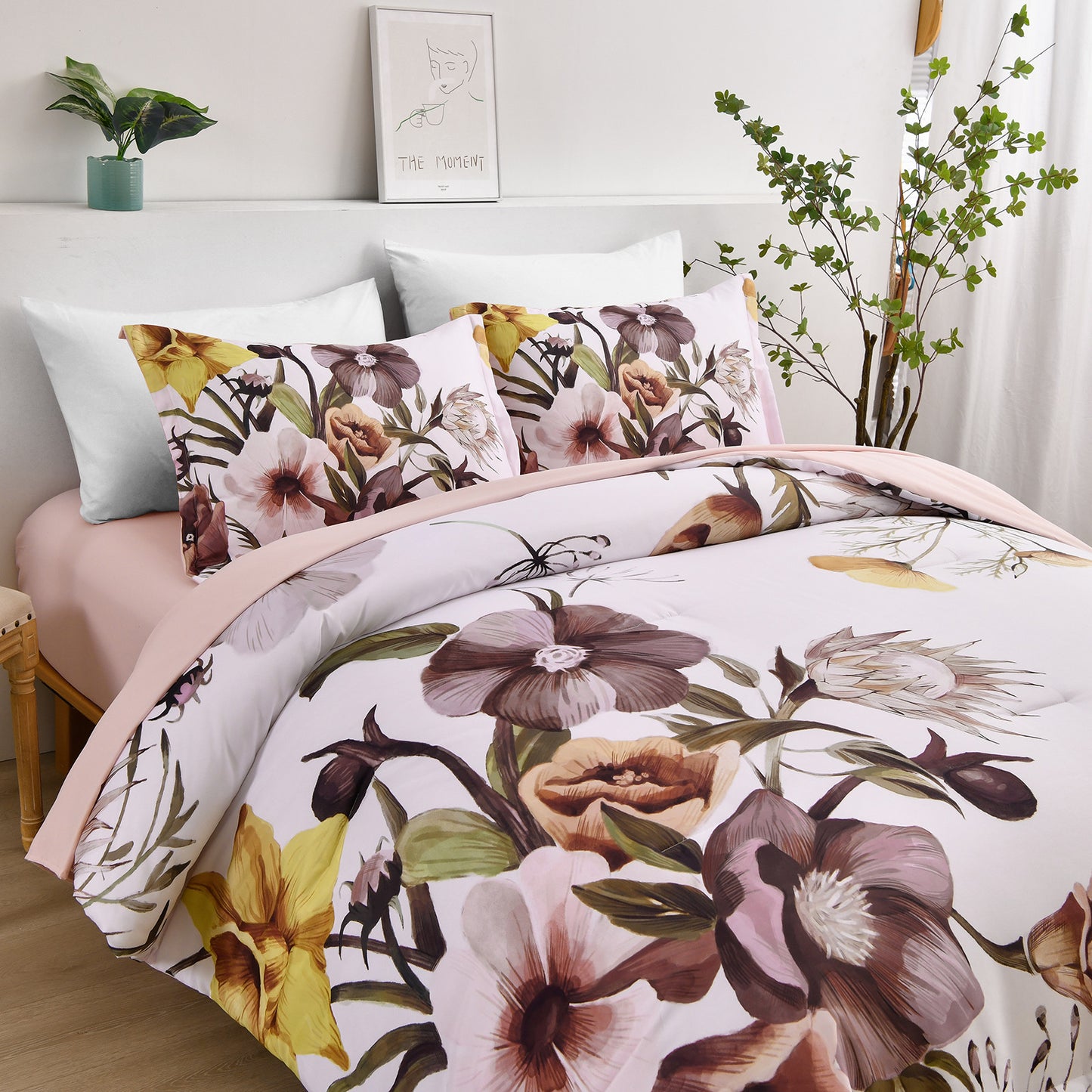 King Floral Comforter Set Blush Floral 3-Piece Bedding Soft Microfiber For All Seasons