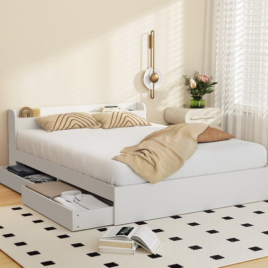 Rosemary Bed Frame Mattress Base with Charging Ports 2 Storage Drawers - White Double