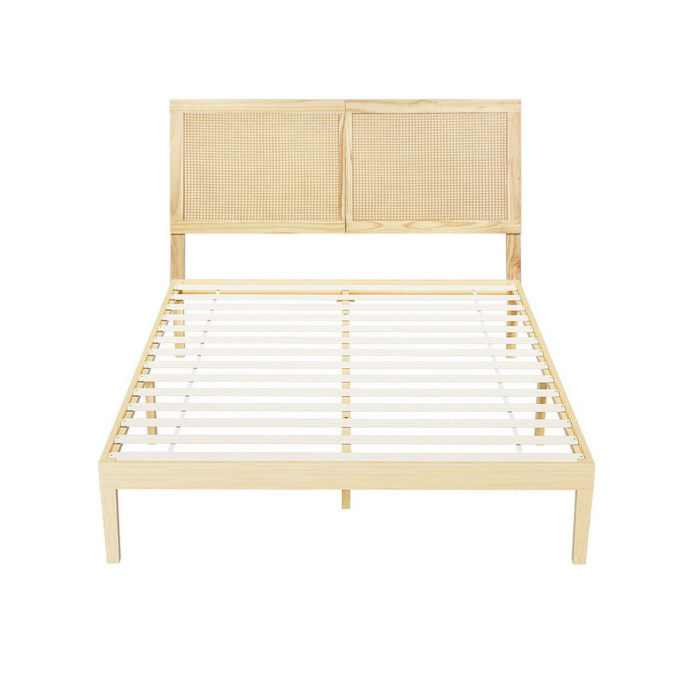 Lila Bed Frame with Rattan Headboard Wooden Bed Base - Pine Double