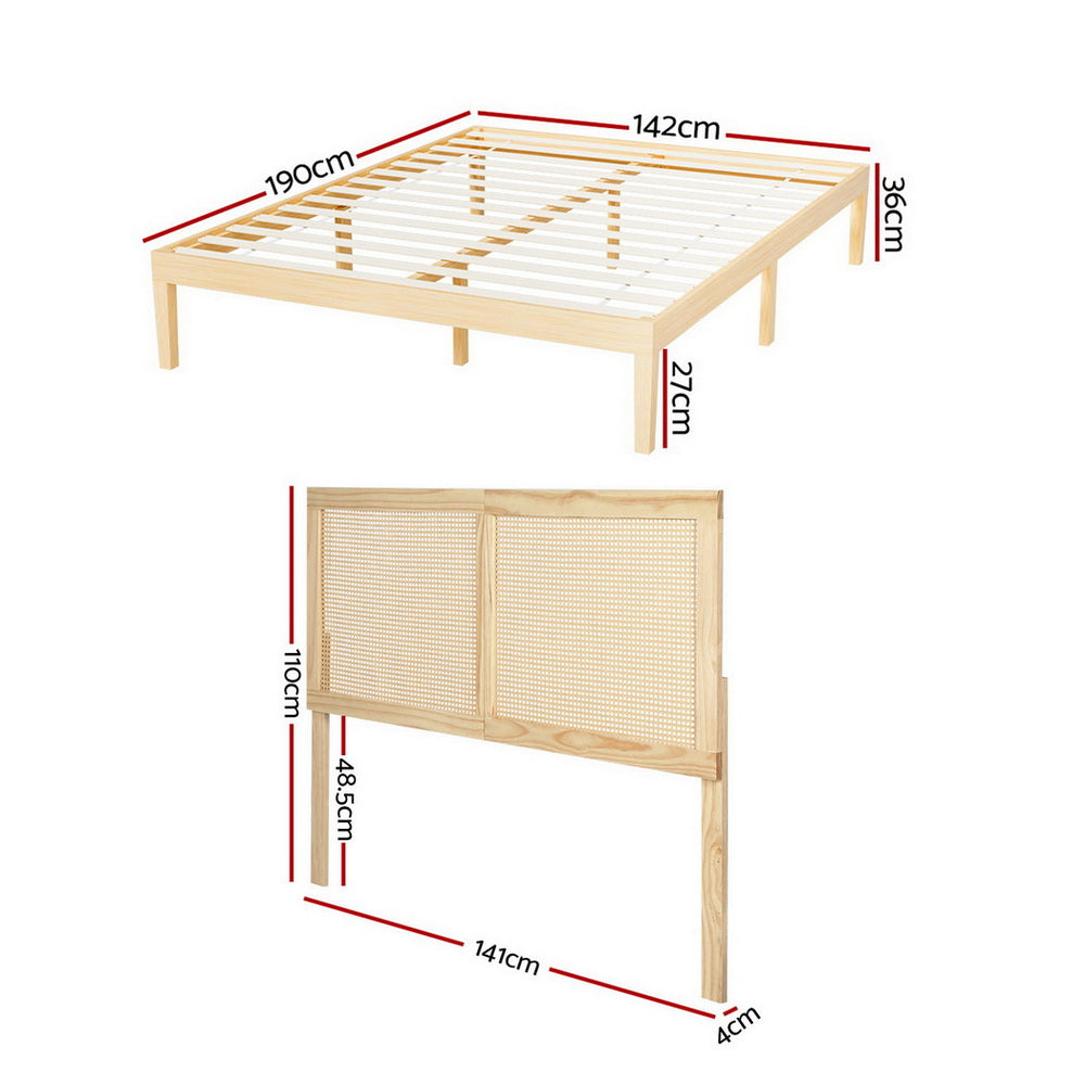 Lila Bed Frame with Rattan Headboard Wooden Bed Base - Pine Double