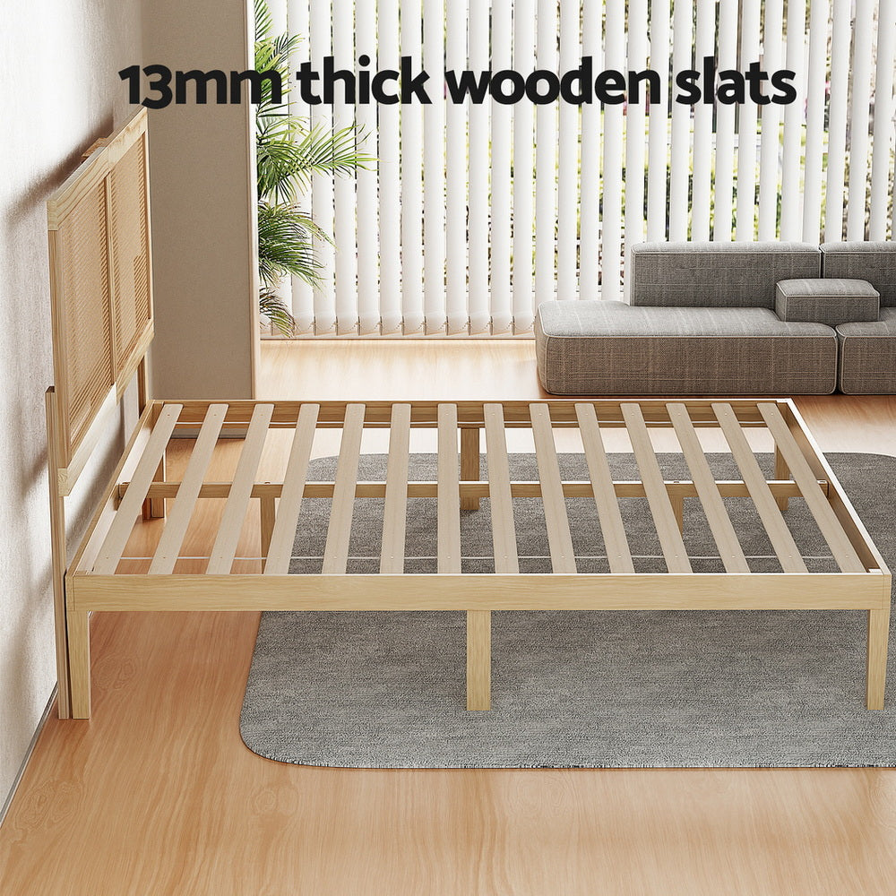 Lila Bed Frame with Rattan Headboard Wooden Bed Base - Pine Double
