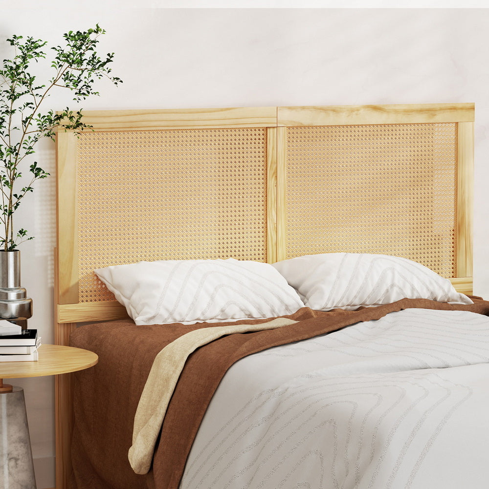 Lila Bed Frame with Rattan Headboard Wooden Bed Base - Pine Double