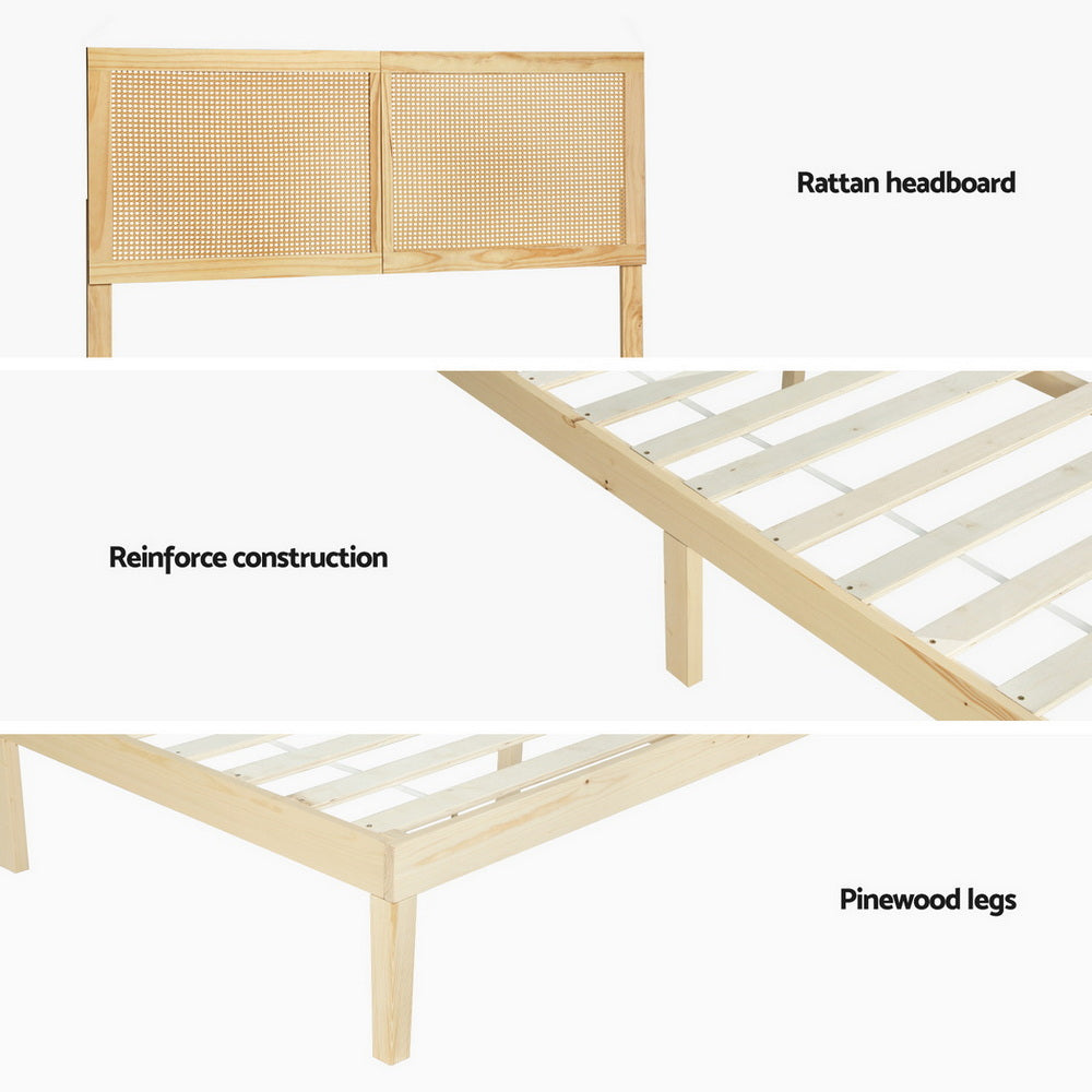 Lila Bed Frame with Rattan Headboard Wooden Bed Base - Pine Double