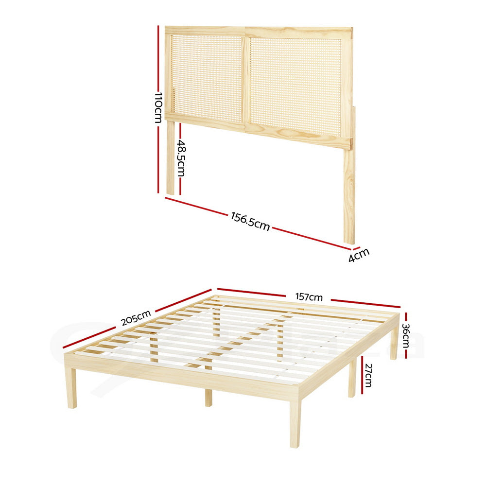 Lila Bed Frame with Rattan Headboard Wooden Bed Base - Pine Queen