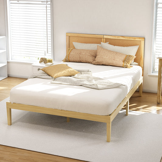 Lila Bed Frame with Rattan Headboard Wooden Bed Base - Pine Queen