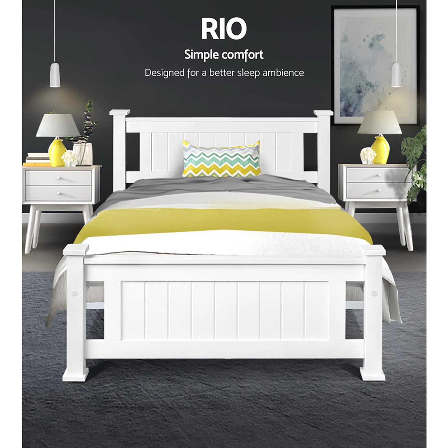 Mystique Wooden Bed Frame no Drawers - White King Single