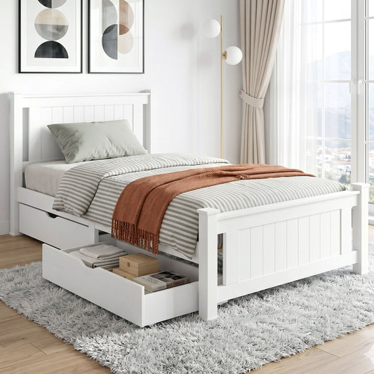 Mellow Bed Frame Wooden Platform with 2 Storage Drawers - White King Single